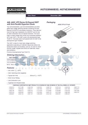 HGT4E30N60B3DS datasheet - 60A, 600V, UFS Series N-Channel IGBT