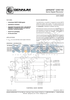 GS9015BCPJ datasheet - GENLINX-TM GS9015B Serial Digital Reclocker