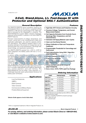 DS2777GR datasheet - 2-Cell, Stand-Alone, Li Fuel-Gauge IC with Protector and Optional SHA-1 Authentication