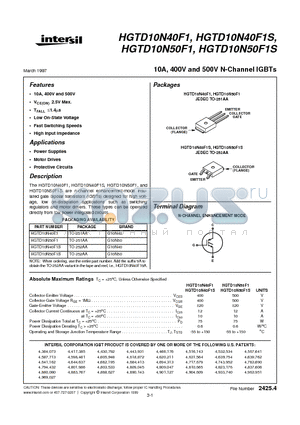 HGTD10N40F1S datasheet - 10A, 400V and 500V N-Channel IGBTs