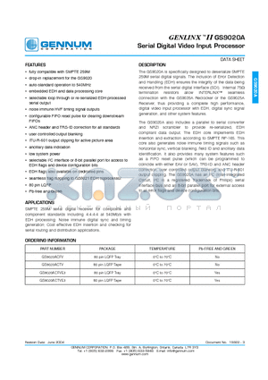 GS9020ACTVE3 datasheet - GENLINX -TM II GS9020A Serial Digital Video Input Processor