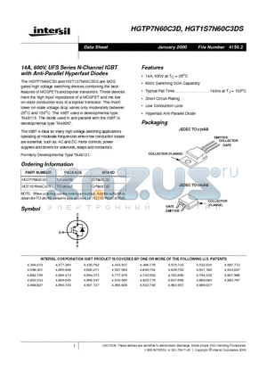 HGT1S7N60C3DS datasheet - 14A, 600V, UFS Series N-Channel IGBT with Anti-Parallel Hyperfast Diodes