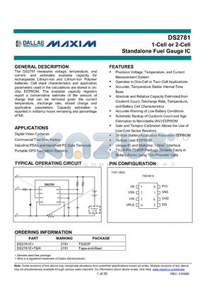 DS2781E datasheet - 1-Cell or 2-Cell Standalone Fuel Gauge IC