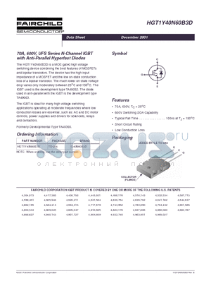 HGT1Y40N60B3D datasheet - 70A, 600V, UFS Series N-Channel IGBT with Anti-Parallel Hyperfast Diodes