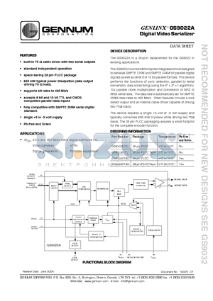 GS9022ACTJE3 datasheet - GENLINXTM GS9022A Digital Video Serializer