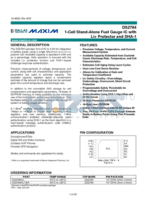 DS2784 datasheet - 1-Cell Stand-Alone Fuel Gauge IC with Li Protector and SHA-1