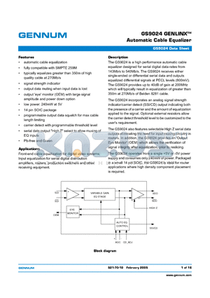 GS9024-CTB datasheet - Automatic Cable Equalizer