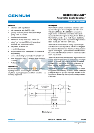 GS9024-CTBE3 datasheet - Automatic Cable Equalizer