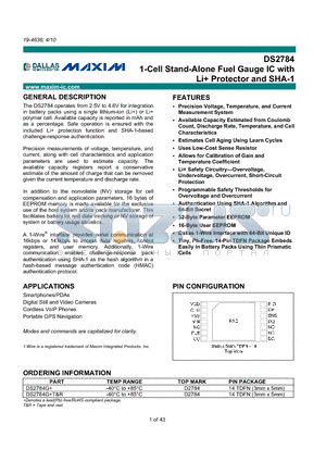 DS2784_10 datasheet - 1-Cell Stand-Alone Fuel Gauge IC with Li Protector and SHA-1