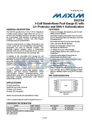 DS2784_12 datasheet - 1-Cell Stand-Alone Fuel Gauge IC with Li Protector and SHA-1 Authentication