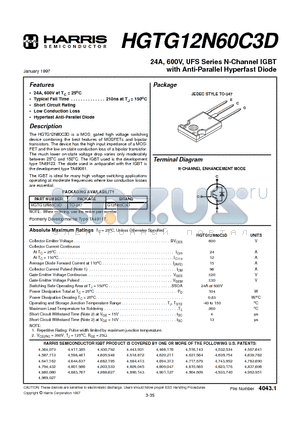 HGTG12N60C3D datasheet - 24A, 600V, UFS Series N-Channel IGBT with Anti-Parallel Hyperfast Diode