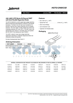 HGTG12N60C3D datasheet - 24A, 600V, UFS Series N-Channel IGBT with Anti-Parallel Hyperfast Diode