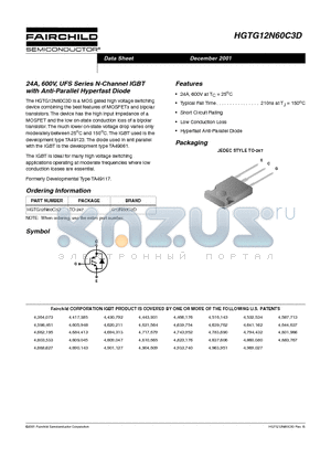 HGTG12N60C3D datasheet - 24A, 600V, UFS SERIES N-CHANNEL IGBT WITH ANTI-PARALLEL HYPERFAST DIODE