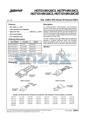 HGTG15N120C3 datasheet - 35A, 1200V, UFS Series N-Channel IGBTs