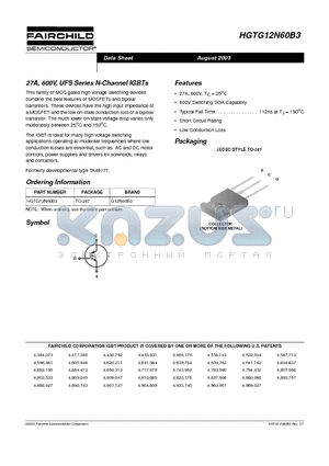 HGTG12N60B3 datasheet - 27A, 600V, UFS Series N-Channel IGBTs