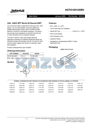 HGTG18N120BN datasheet - 54A, 1200V, NPT Series N-Channel IGBT