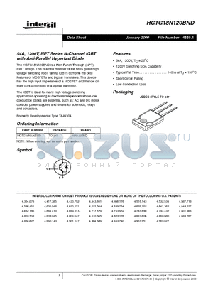 HGTG18N120BND datasheet - 54A, 1200V, NPT Series N-Channel IGBT with Anti-Parallel Hyperfast Diode
