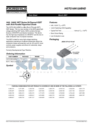 HGTG18N120BND_07 datasheet - 54A, 1200V, NPT Series N-Channel IGBT with Anti-Parallel Hyperfast Diode
