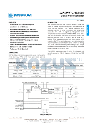 GS9032-CTM datasheet - GENLINX-TM II GS9032 Digital Video Serializer