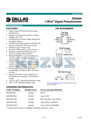 DS2890T-000 datasheet - 1-Wire Digital Potentiometer