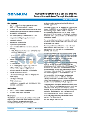 GS9060 datasheet - HD-LINX II SD-SDI and DVB-ASI Deserializer with Loop-Through Cable Driver