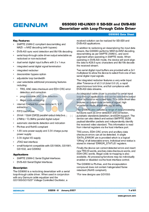 GS9060-CFE3 datasheet - HD-LINX II SD-SDI and DVB-ASI Deserializer with Loop-Through Cable Driver