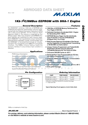DS28CN01U-A00+ datasheet - 1Kb I2C/SMBus EEPROM with SHA-1 Engine