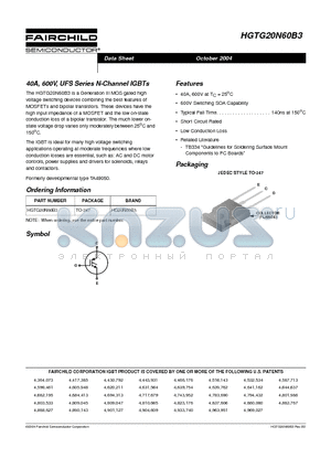HGTG20N60B3 datasheet - 40A, 600V, UFS Series N-Channel IGBTs
