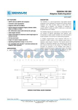 GS9064-CKDE3 datasheet - GS9064 SD SDI Adaptive Cable Equalizer