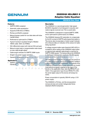 GS9064A datasheet - GS9064A HD-LINX^ II Adaptive Cable Equalizer