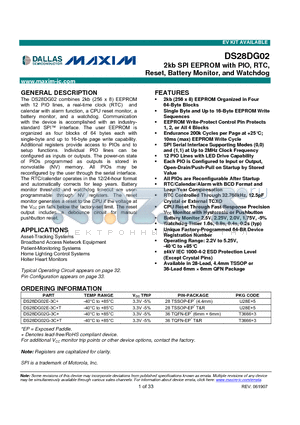 DS28DG02 datasheet - 2kb SPI EEPROM with PIO, RTC, Reset, Battery Monitor, and Watchdog