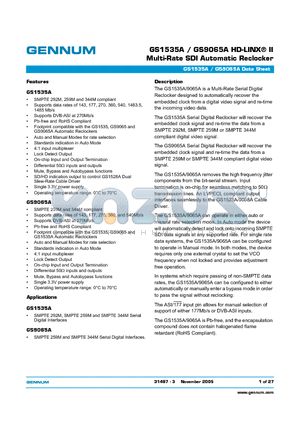 GS9065A datasheet - GS1535A / GS9065A HD-LINX-R II Multi-Rate SDI Automatic Reclocker