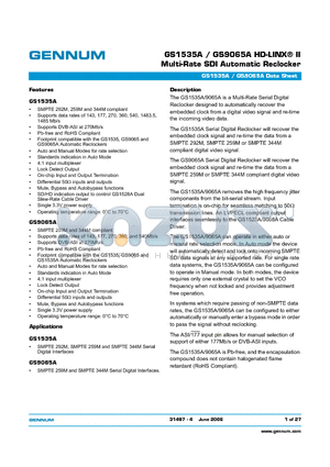 GS9065A datasheet - Multi-Rate SDI Automatic Reclocker