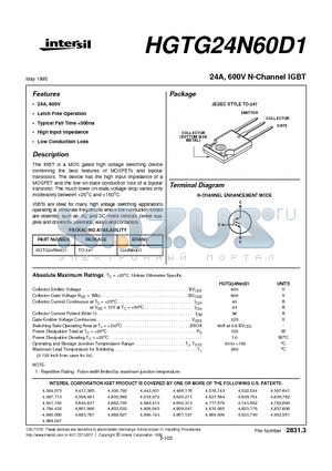 HGTG24N60D1 datasheet - 24A, 600V N-Channel IGBT