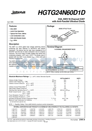 HGTG24N60D1D datasheet - 24A, 600V N-Channel IGBT with Anti-Parallel Ultrafast Diode