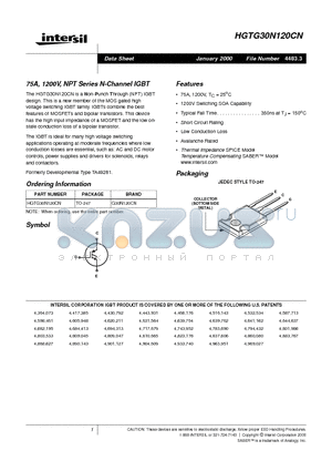 HGTG30N120CN datasheet - 75A, 1200V, NPT Series N-Channel IGBT