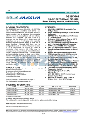 DS28DG02G-3C+ datasheet - 2Kb SPI EEPROM with PIO, RTC, Reset, Battery Monitor, and Watchdog