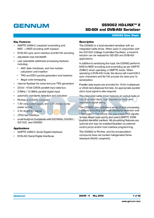 GS9062-CF datasheet - GS9062 HD-LINX-TM II SD-SDI and DVB-ASI Serializer