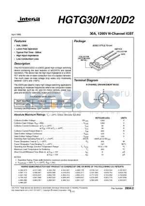 HGTG30N120D2 datasheet - 30A, 1200V N-Channel IGBT