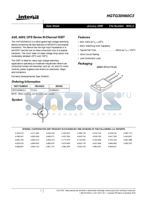 HGTG30N60C3 datasheet - 63A, 600V, UFS Series N-Channel IGBT