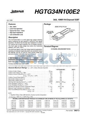 HGTG34N100E2 datasheet - 34A, 1000V N-Channel IGBT