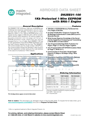 DS28E01-100_12 datasheet - 1Kb Protected 1-Wire EEPROM with SHA-1 Engine