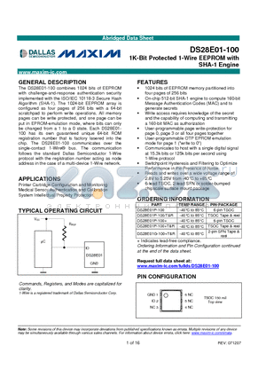 DS28E01P-100/R datasheet - 1K-Bit Protected 1-Wire EEPROM with SHA-1 Engine