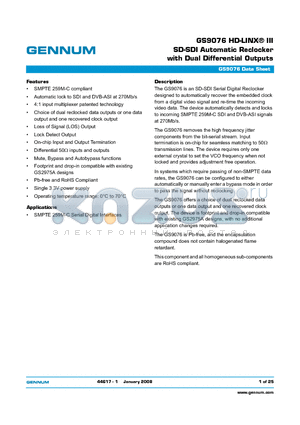 GS9076 datasheet - HD-LINX III SD-SDI Automatic Reclocker with Dual Differential Outputs