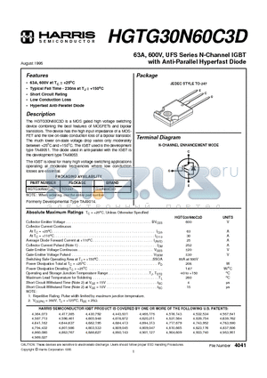 HGTG30N60C3D datasheet - 63A, 600V, UFS Series N-Channel IGBT with Anti-Parallel Hyperfast Diode