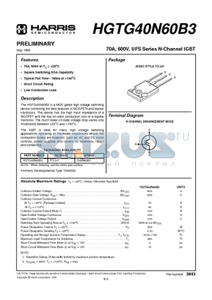 HGTG40N60B3 datasheet - 70A, 600V, UFS Series N-Channel IGBT