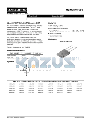 HGTG40N60C3 datasheet - 75A, 600V, UFS Series N-Channel IGBT