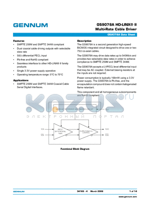 GS9078A datasheet - GS9078A HD-LINX-R II Multi-Rate Cable Driver