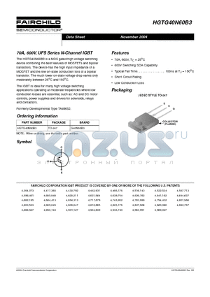 HGTG40N60B3 datasheet - 70A, 600V, UFS Series N-Channel IGBT