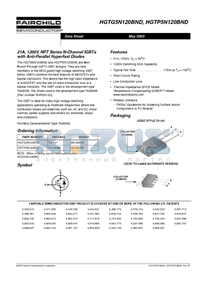 HGTG5N120BND datasheet - 21A, 1200V, NPT Series N-Channel IGBTs with Anti-Parallel Hyperfast Diodes